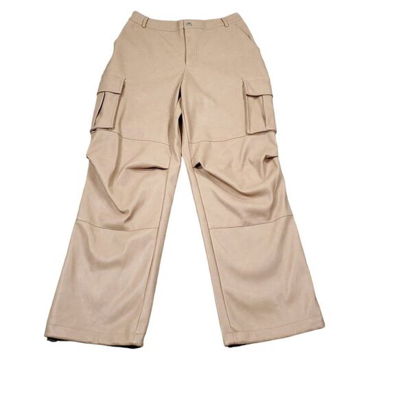 7 For All Mankind Faux Vegan Leather High Rise Straight Cargo Pants Tan Small - Picture 1 of 14